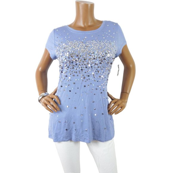 INC International Concepts Tops - INC Top XL Blue Confetti Sequin  Party Shirt Stretch Short Sleeve Runs Small